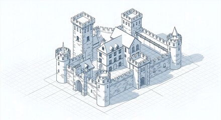 Detailed Digital Illustration of a Medieval Castle with Towers and Walls in Isometric Style