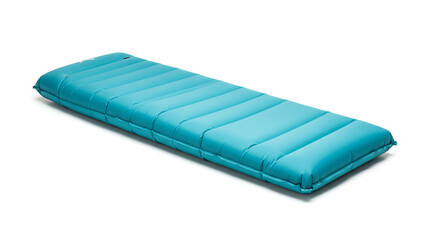 A turquoise blue inflatable camping mattress with horizontal baffles shown fully inflated from an angle.