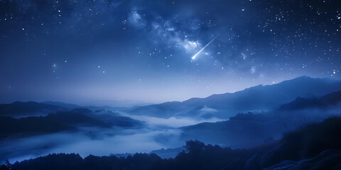 Fototapeta premium Starlit night sky over misty mountains 