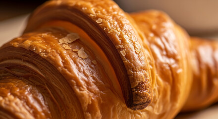 Close up of a golden brown flaky croissant pastry