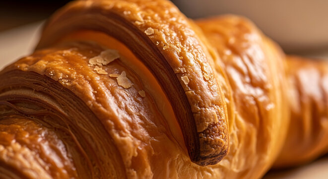 Close up of a golden brown flaky croissant pastry