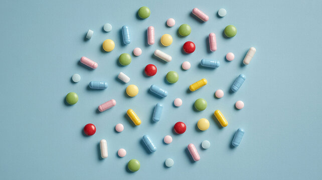 Assortment of colorful pharmaceutical pills and capsules scattered on a light blue background