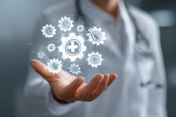 Holographic medical gears held in a doctor's hand