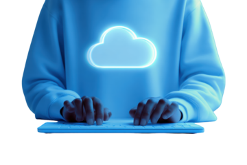 Hands typing on a keyboard, a glowing cloud above