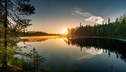 serene sunset reflection in a forest lake