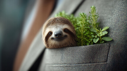 Cute Sloth Peeking From Pocket of a Grey Suit With Greenery in a Professional Setting