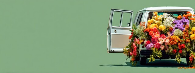 A vintage van overflowing with vibrant flowers against a muted backdrop
