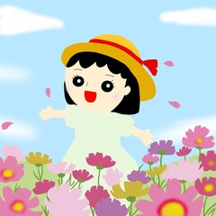 コスモス畑と少女