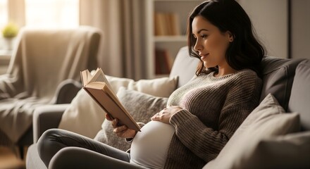 Pregnant Woman Reading Book Sitting on Couch in Cozy Living Room