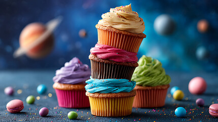 Colorful Cupcakes Stacked on a Table With a Cosmic Background Featuring Planets and Sprinkles