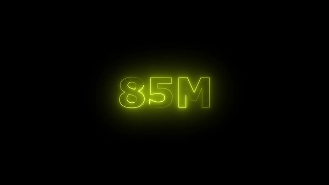 Neon 85M Animated Text.Glowing Neon 85M Countdown Animation .Bright Motion Typography for Timers, Events, and Digital Media Project