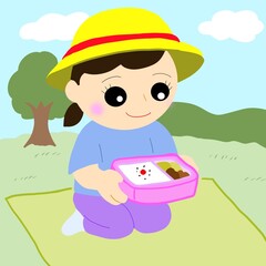 お弁当と紅葉のレジャーシート風景