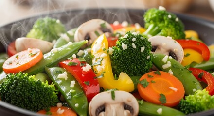 Colorful medley of fresh, steamed vegetables, including broccoli, carrots, bell peppers, mushrooms, and snap peas, seasoned with herbs and garlic, creating a vibrant and healthy dish