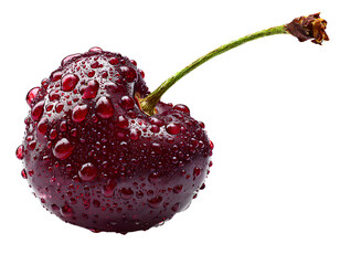 Close-up of fresh red cherry with water drops, isolated on a transparent background, PNG