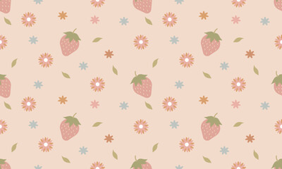 Strawberry Floral Seamless Pattern in Pastel Earth Tone