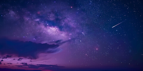 Fototapeta premium Starry night sky with shooting star over purple and blue landscape 