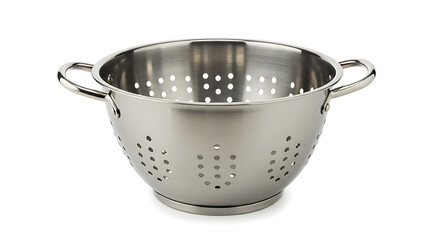 Classic stainless steel colander with a shiny metal finish two handles and perforated holes for draining.