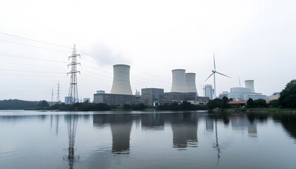 Industrial Landscape with Cooling Towers and Wind Turbines Reflecting on Water