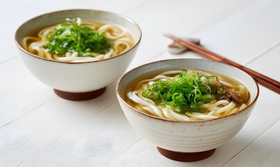 Tonkotsu broth background with two bowls of Tonkotsu udon noodles in the foreground on a clean white tabletop