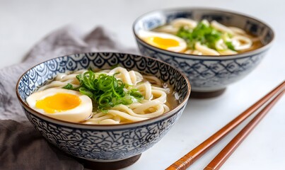 Tonkotsu broth background with two bowls of Tonkotsu udon noodles in the foreground on a clean white tabletop