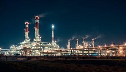 Fototapeta premium Nighttime Industrial Scene Featuring Illuminated Factory with Smokestacks and Machinery