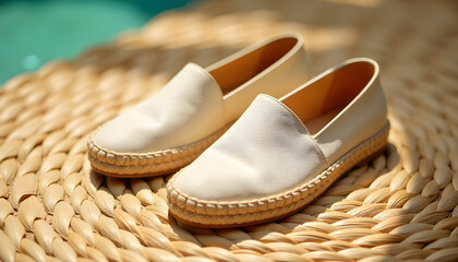 Stylish Cream Espadrille Shoes on Woven Straw Mat by Turquoise Water