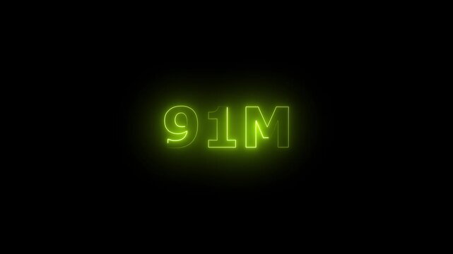 Neon 91M Animated Text.Glowing Neon 91M Countdown Animation .Bright Motion Typography for Timers, Events, and Digital Media Projects
