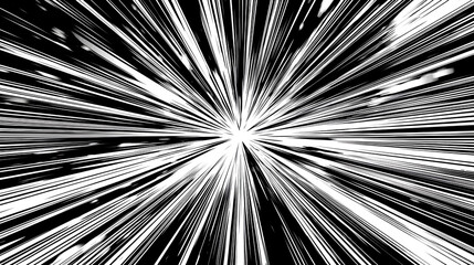 Black anime speed lines on white. Radial comic light speed lines. Velocity lines, flash action concept. High-speed, black and white speed lines. Manga anime background.  Stock Illustration