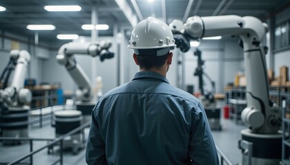 Operator Observing Advanced Robotic Arms in Modern Industrial Facility
