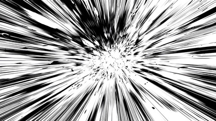 Black anime speed lines on white. Radial comic light speed lines. Velocity lines, flash action concept. High-speed, black and white speed lines. Manga anime background.  Stock Illustration