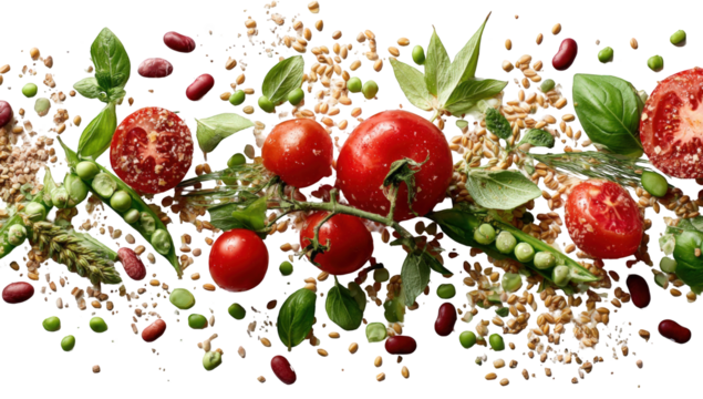 Colorful display of fresh vegetables and grains