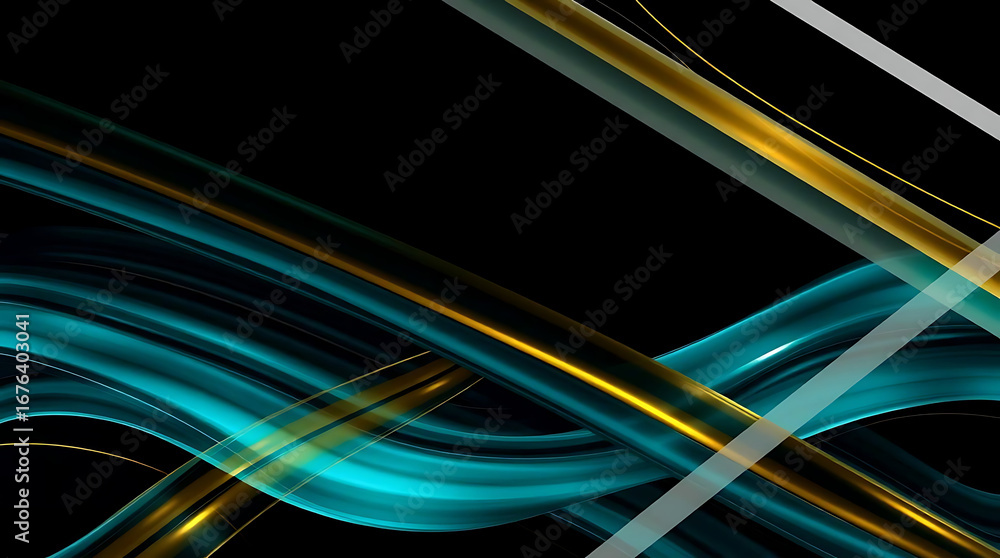 Poster Dynamic abstract background featuring flowing blue and gold lines on a black backdrop, creating a futuristic and vibrant design with smooth and transparent effect