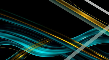 Dynamic abstract background featuring flowing blue and gold lines on a black backdrop, creating a futuristic and vibrant design with smooth and transparent effect