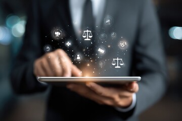 Businessman uses tablet with legal icons overlay