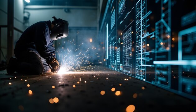 Skilled Welder Engaged in Metalwork with Bright Sparks and Technical Drawings in Background