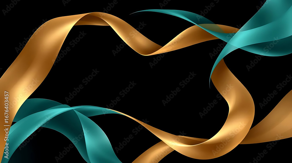 Poster elegant abstract background featuring flowing gold and turquoise ribbons on a black backdrop, creati