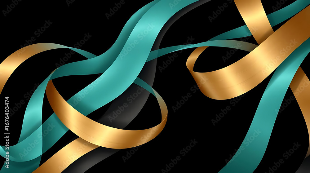 Poster elegant abstract background with flowing turquoise and gold ribbons creating a luxurious and modern 