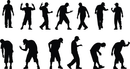 Silhouette Set of Hip Hop Dancer Poses in Various Dynamic and Freestyle Dance Moves for Graphic Design and Art Projects