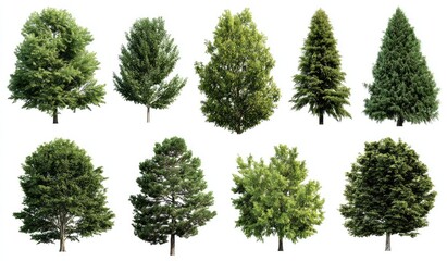 Nine diverse trees, isolated on white background.  Various shapes and shades of green foliage.  Different types of coniferous and deciduous trees