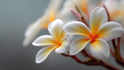 Naklejka premium Close-up of two plumeria blossoms, white with orange-yellow centers, soft focus on light-gray background