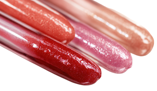 Close-up of multiple tubes of lip gloss in various shades