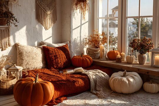 Sunlit Autumn-Themed Room with Pumpkins and Warm Decr