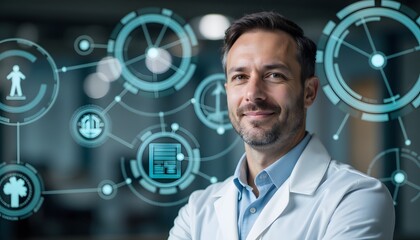 Confident Scientist in Laboratory with Digital Health Technology and Data Visualizations