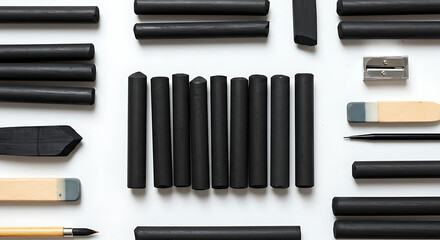 An organized flat lay of black charcoal sticks pencils erasers and various drawing tools.