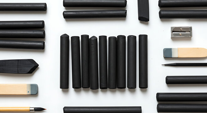 An organized flat lay of black charcoal sticks pencils erasers and various drawing tools.