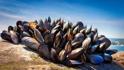 group of mussels on top of rock a cluster of mussels rests on a rocky surface tightly packed together under the sun