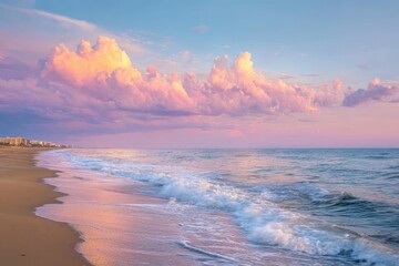 Pastel sunset over a beach.  Soft pink and orange clouds over the ocean.  Gentle waves on the shore.  Golden sand