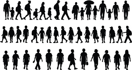 Silhouettes of Families and Children Walking Together, Diverse Group of People, Family Bonding, Outdoor Activity Illustration