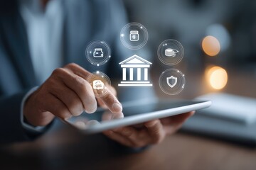 Close-up of hands interacting with tablet displaying financial icons