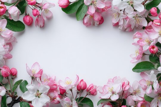 Pink blossoms form a frame around a white background